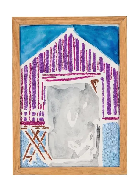 A mother's solace 2, 2024. Aquarelle, encre et broderie sur papier. Cadre en chêne sur mesure, verre musée anti‑UV et antireflet. Margaux Derhy
