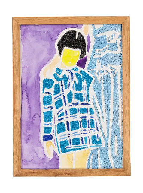 A mother's solace 4, 2024. Aquarelle, encre et broderie sur papier. Cadre en chêne sur mesure, verre musée anti‑UV et antireflet. Margaux Derhy