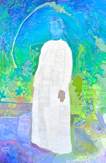 Messoda, 2024. Broderie à la main et peinture à l'huile sur lin. Margaux Derhy